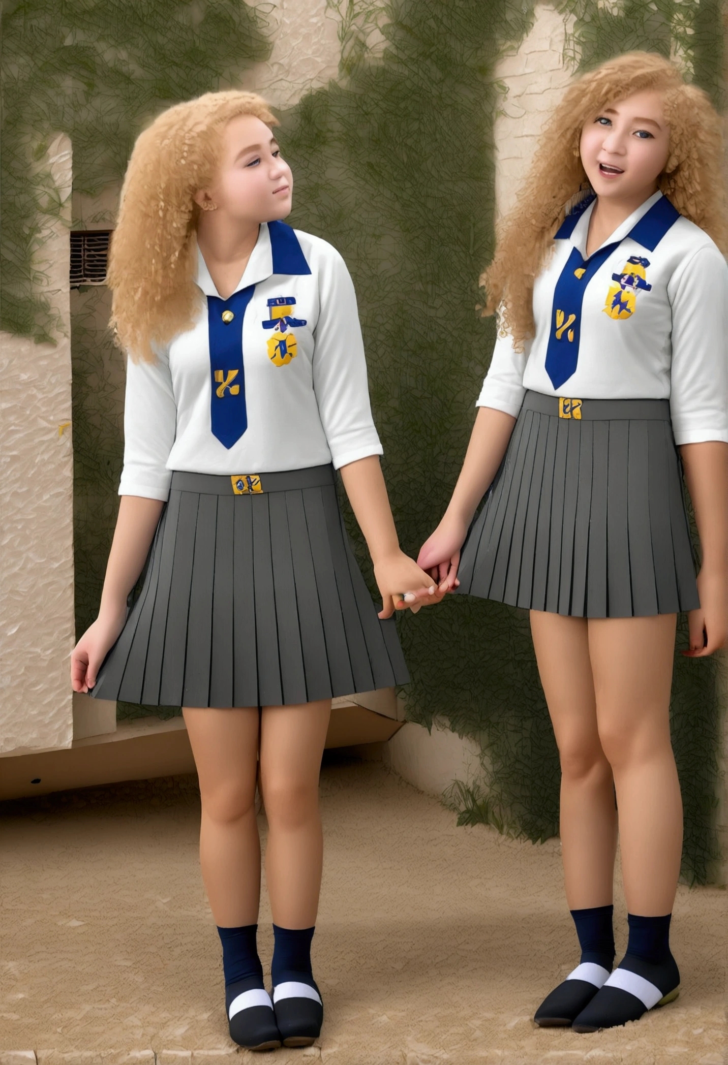 2 nudes girls in, two girls, facing each other in a courtyard, high school uniforms, (all girls have the same uniform: 1.8), (one girl has blonde hair & another has black hair: 1.1), gray , (pleated skirt: 2), (gray skirt: 1.3), (white blouse: 1.25), gray vest, white button up, knee highs, white shirt, loafers, realistic, long hair, socks, bowtie, skirt, jk bow, can see a little chest through blouse, full body, standing back, zoomed out, 50mm, Nikon, f5.2, natural light, 8k, high detailed, maximum quality,