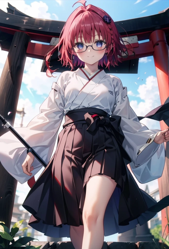 Meia Kurosaki,Meia Kurosaki,Redhead,Long Hair,Long braids,Purple eyes,Glasses, (Small breasts:1.2),Shrine maiden, 白いkimono, kimono, As with the skirt, Wide sleeves, Long sleeve, Red too,Long skirt,White tabi,Sandals,smile,blush,Sleeves edged with ribbon, whole bodyがイラストに入るように,
break looking at viewer,whole body, (Cowboy Shot:1. 5)
break outdoors, shrine,torii,
break (masterpiece:1.2), Highest quality, High resolution, unity 8k wallpaper, (shape:0.8), (Beautiful attention to detail:1.6), Highly detailed face, Perfect lighting, Extremely detailed CG, (Perfect hands, Perfect Anatomy),