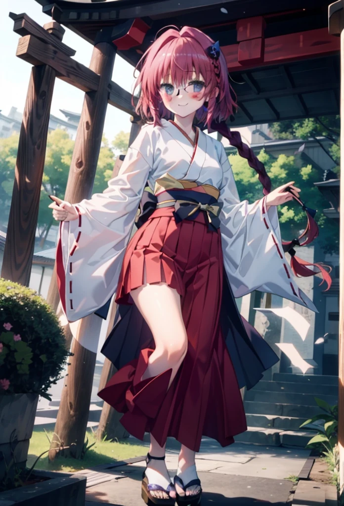 Meia Kurosaki,Meia Kurosaki,Redhead,Long Hair,Long braids,Purple eyes,Glasses, (Small breasts:1.2),Shrine maiden, 白いkimono, kimono, As with the skirt, Wide sleeves, Long sleeve, Red too,Long skirt,White tabi,Sandals,smile,blush,Sleeves edged with ribbon, whole bodyがイラストに入るように,
break looking at viewer,whole body, (Cowboy Shot:1. 5)
break outdoors, shrine,torii,
break (masterpiece:1.2), Highest quality, High resolution, unity 8k wallpaper, (shape:0.8), (Beautiful attention to detail:1.6), Highly detailed face, Perfect lighting, Extremely detailed CG, (Perfect hands, Perfect Anatomy),