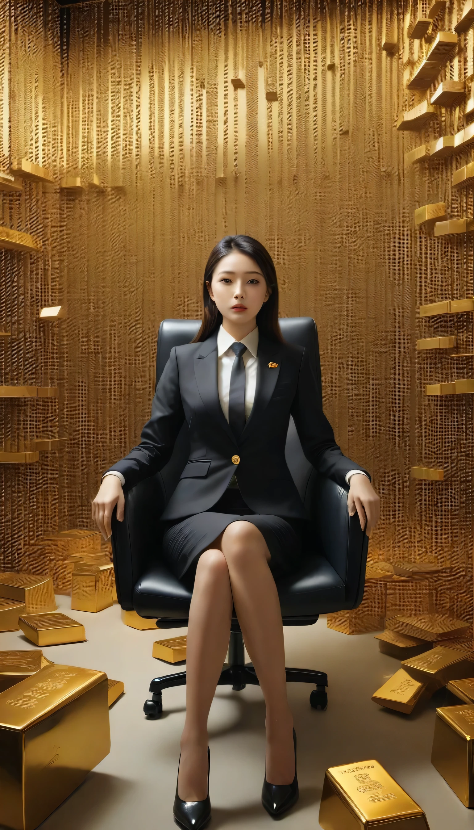 There are lots of gold bars hanging on the wall, Woman sitting on chair, Girl in suit, Girl in suit, Businesswoman, Woman in a business suit, Wearing a strict business suit, a surreal , Wearing a business suit, Irelia, Jaeyoung Nam, surreal , sakimichan, In a strict suit