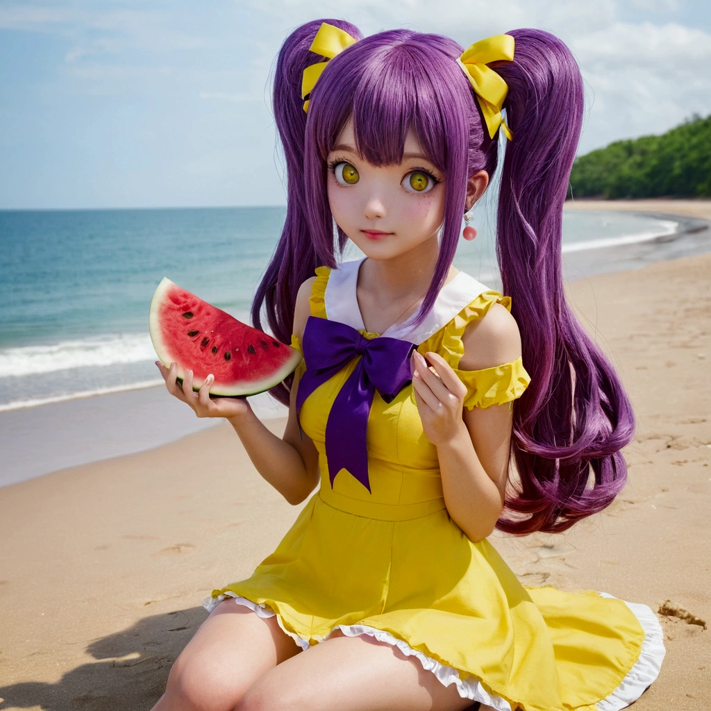 Highest quality, masterpiece, High resolution, detailed, Perfect Anatomy, Eat WM, watermelon, holding watermelon, Beach, Blood, Purple Hair, Yellow Eyes, Twin tails, low Twin tails, Yellow ribbon, Purple Dress, bow, Barrette, Ahoge,