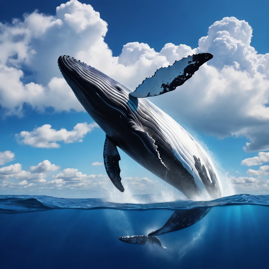 A surreal scene, a whale in the blue sky, white clouds, (best quality,4k,8k,highres,masterpiece:1.2),ultra-detailed,(realistic,photorealistic,photo-realistic:1.37),hyperrealistic, cinematic lighting, dramatic colors, captivating, striking, awe-inspiring, dreamlike, imaginative, conceptual, minimalist, abstract, colorful, vivid