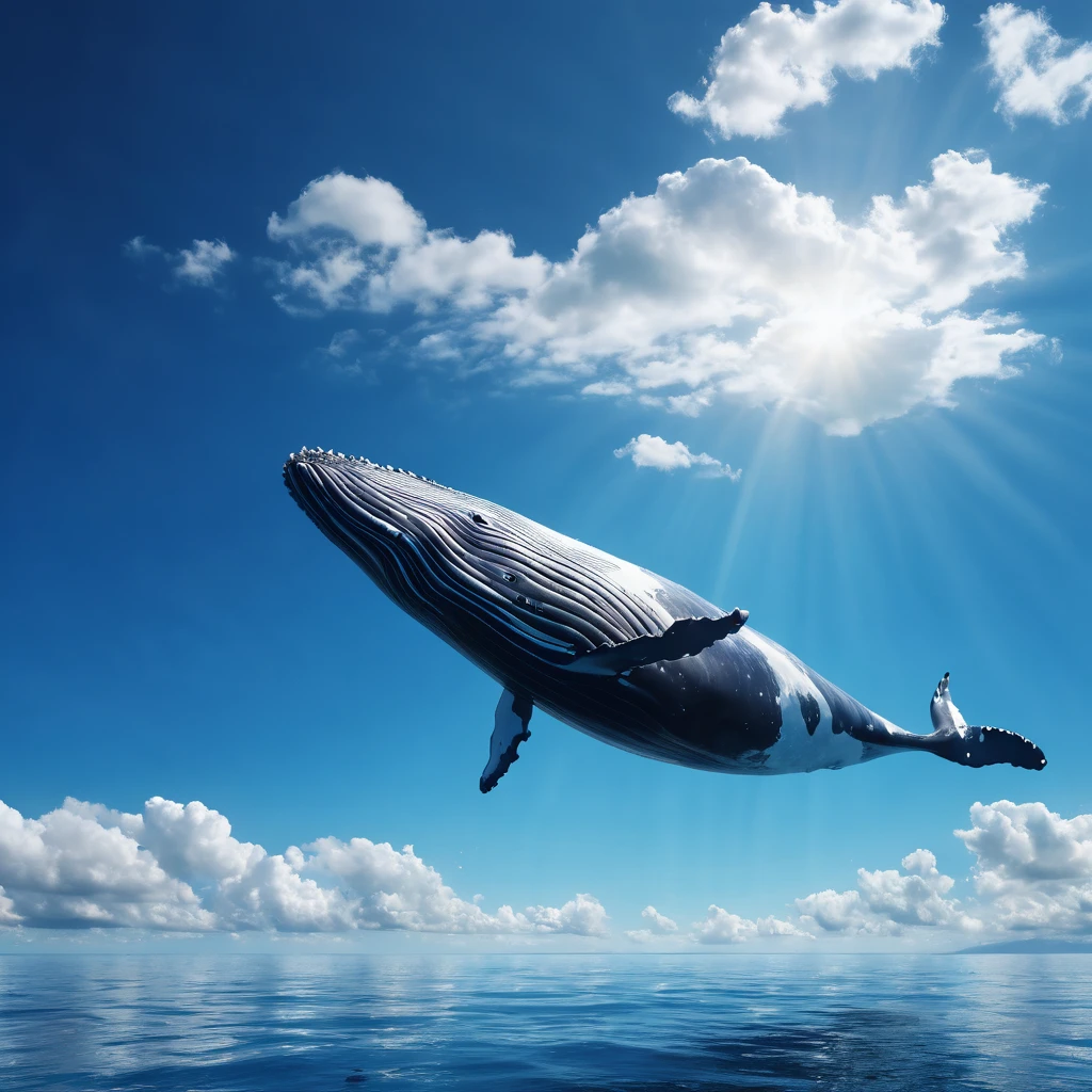 A surreal scene, a whale in the blue sky, white clouds, (best quality,4k,8k,highres,masterpiece:1.2),ultra-detailed,(realistic,photorealistic,photo-realistic:1.37),hyperrealistic, cinematic lighting, dramatic colors, captivating, striking, awe-inspiring, dreamlike, imaginative, conceptual, minimalist, abstract, colorful, vivid