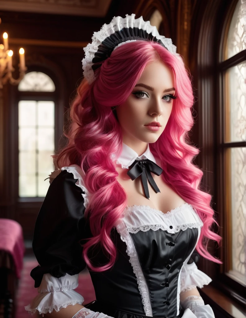 Very attractive 25 year old female with long wavy bright pink hair, Maid Outfit, a beautiful maid with long flowing hair, detailed eyes, detailed lips, extremely detailed face, long eyelashes, intricate maid uniform with lace and ribbons, holding a feather duster, standing in a luxurious victorian-style room, window light, dramatic lighting, cinematic composition, highly detailed, photorealistic, 8k, masterpiece