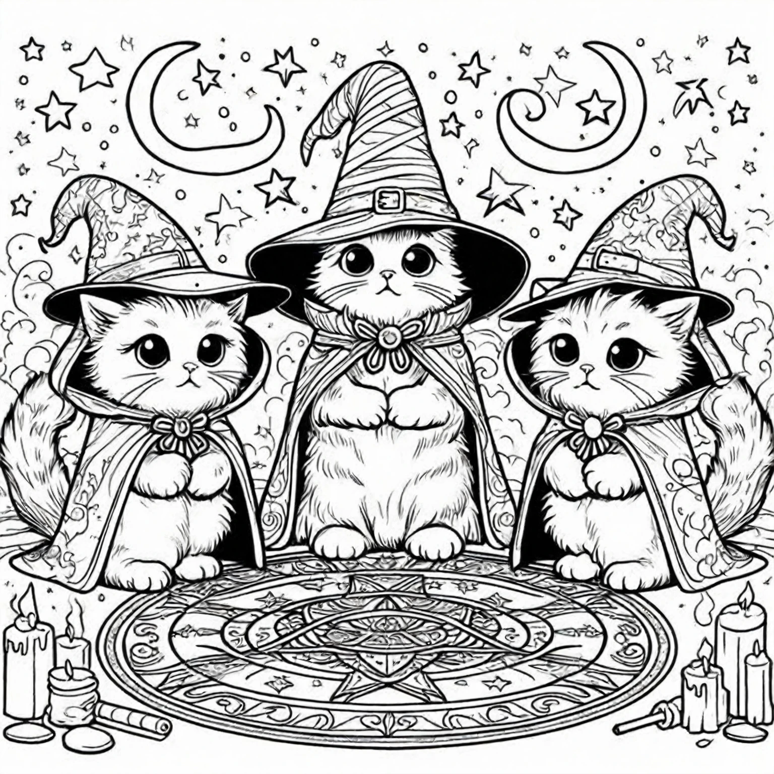 a black and white drawing of three cats dressed as witch, 猫のwitch, clean Coloring page, Coloring page, Coloring books, Owl Wizard, Coloring book outline, Black and white coloring, Coloring pages, line art Coloring page, witch, Coloring book, Coloring page, Very fine ink line drawings, Detailed line drawing, Cute and detailed artwork, Line drawing illustration