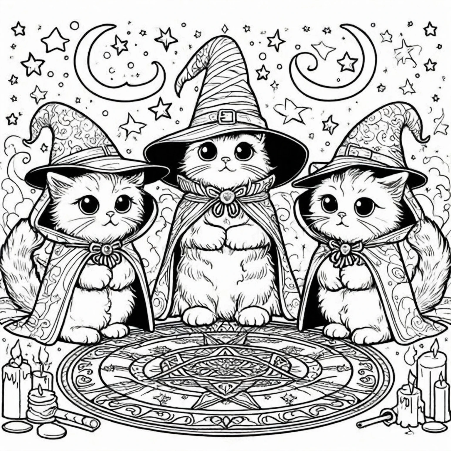 a black and white drawing of three cats dressed as witch, 猫のwitch, clean Coloring page, Coloring page, Coloring books, Owl Wizard, Coloring book outline, Black and white coloring, Coloring pages, line art Coloring page, witch, Coloring book, Coloring page, Very fine ink line drawings, Detailed line drawing, Cute and detailed artwork, Line drawing illustration