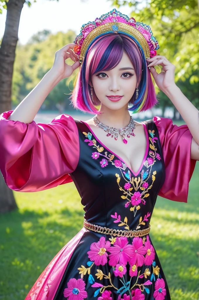 (masterpiece:1.4), (best quality:1.4), ultra high res, ultra high resolution, ((ultra detailed facial features)), HDR, (realistic, photorealistic, photo-realistic:1.37), full body Esbian, sexy Swedish model, (-anime), only 1 model, vivid colors, ((vivid colors multicolor (fuchsia, pink, red, purple) very short hair)), (happy smile), ultra detailed metallic makeup, lip-gloss, long lashes, defined eyebrows, wearing large sparkling colorful jewelery, wearing a red silk Paradise Kiss cosplay dress with black floral embroidery, ((vivid colors outfit)), vivid colors, look at the camera, cinematic light, large park background with trees, sweet and sexy pose