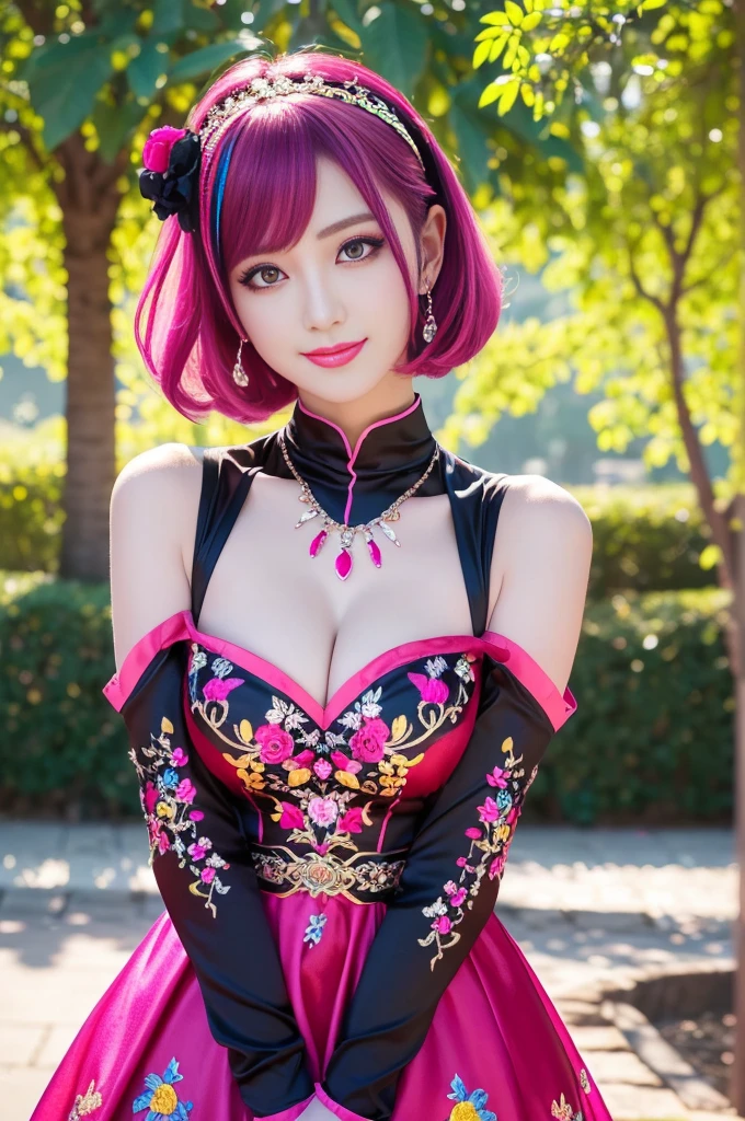 (masterpiece:1.4), (best quality:1.4), ultra high res, ultra high resolution, ((ultra detailed facial features)), HDR, (realistic, photorealistic, photo-realistic:1.37), full body Esbian, sexy Swedish model, (-anime), only 1 model, vivid colors, ((vivid colors multicolor (fuchsia, pink, red, purple) very short hair)), (happy smile), ultra detailed metallic makeup, lip-gloss, long lashes, defined eyebrows, wearing large sparkling colorful jewelery, wearing a red silk Paradise Kiss cosplay dress with black floral embroidery, ((vivid colors outfit)), vivid colors, look at the camera, cinematic light, large park background with trees, sweet and sexy pose