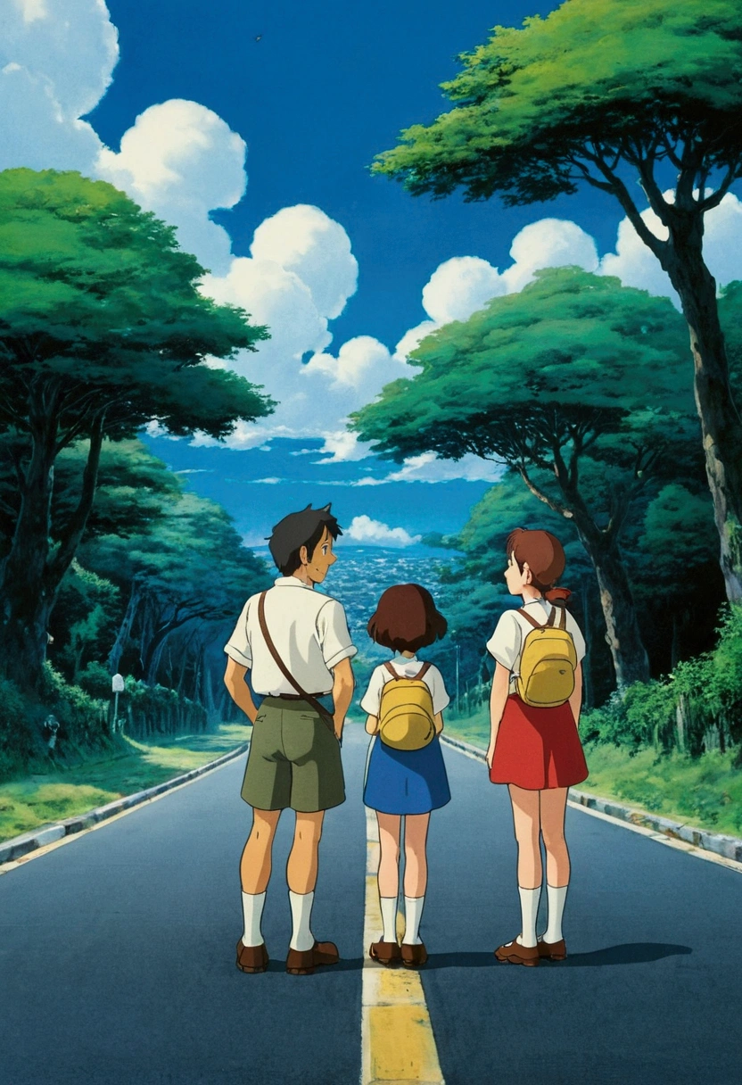 Ghibli Two girls The man stood on the road and spoke to people who were reading.