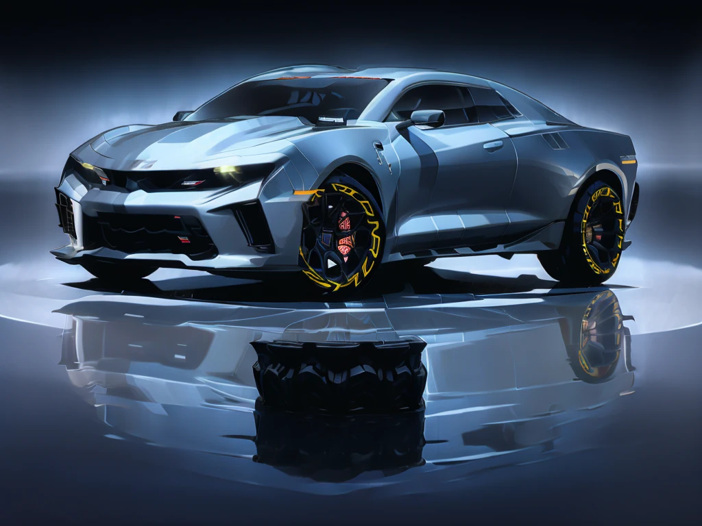 "Chevrolet Camaro 2SS 2014 in brutal sport tuning and oversized off-road wheels that protrude beyond the wheel arches at sunset with the horizon in the background."