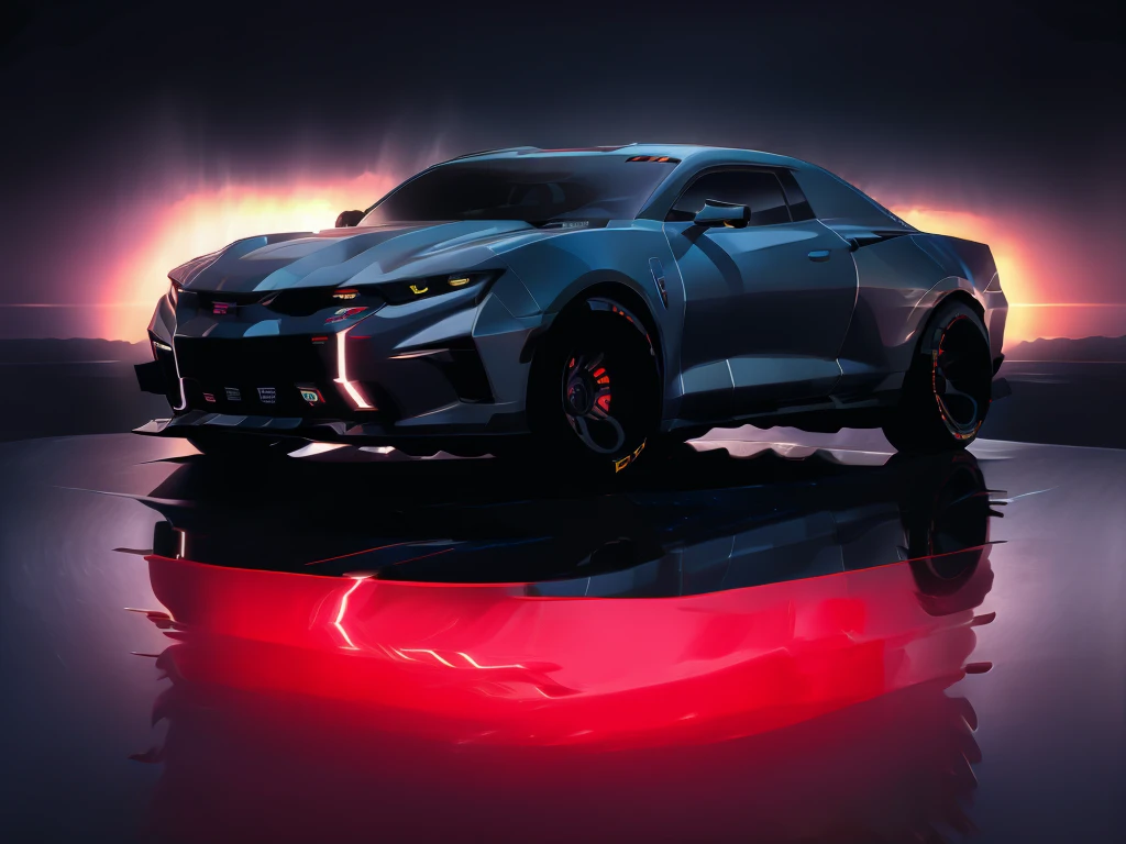 "Chevrolet Camaro 2SS 2014 in brutal sport tuning and oversized off-road wheels that protrude beyond the wheel arches at sunset with the horizon in the background."