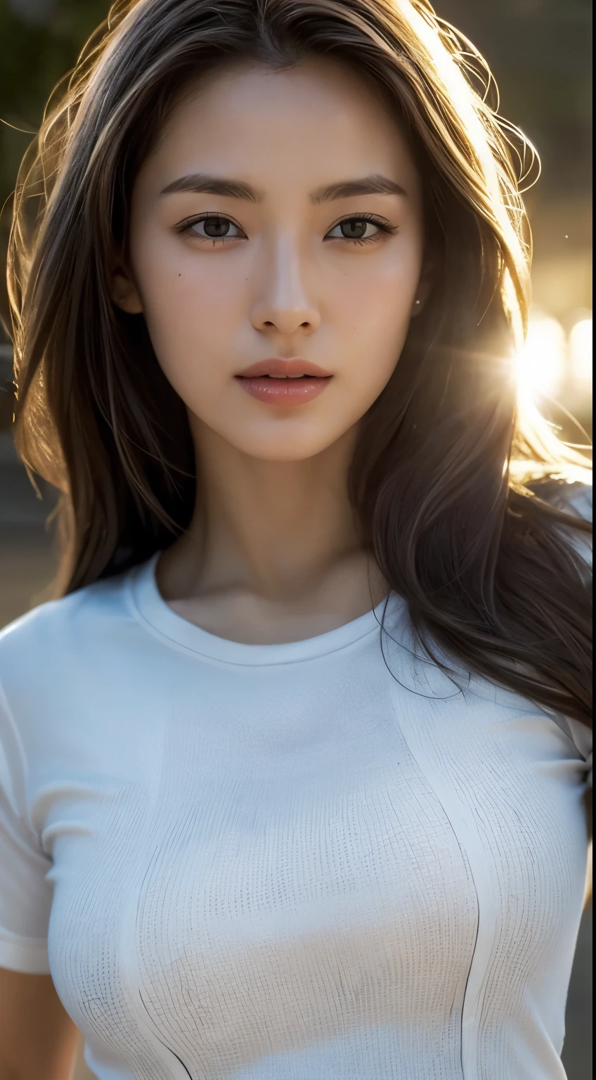dressed, (photo realistic:1.4), (hyper realistic:1.4), (realistic:1.3), (smoother lighting:1.05), (increase cinematic lighting quality:0.9), 32K, 1girl,20yo girl, realistic lighting, backlighting, light on face, ray trace, (brightening light:1.2), (Increase quality:1.4), (best quality real texture skin:1.4), finely detailed eyes, finely detailed face, finely quality eyes, (tired and sleepy and satisfied:0.0), face closeup, t-shirts, (Increase body line mood:1.1), (Increase skin texture beauty:1.1)