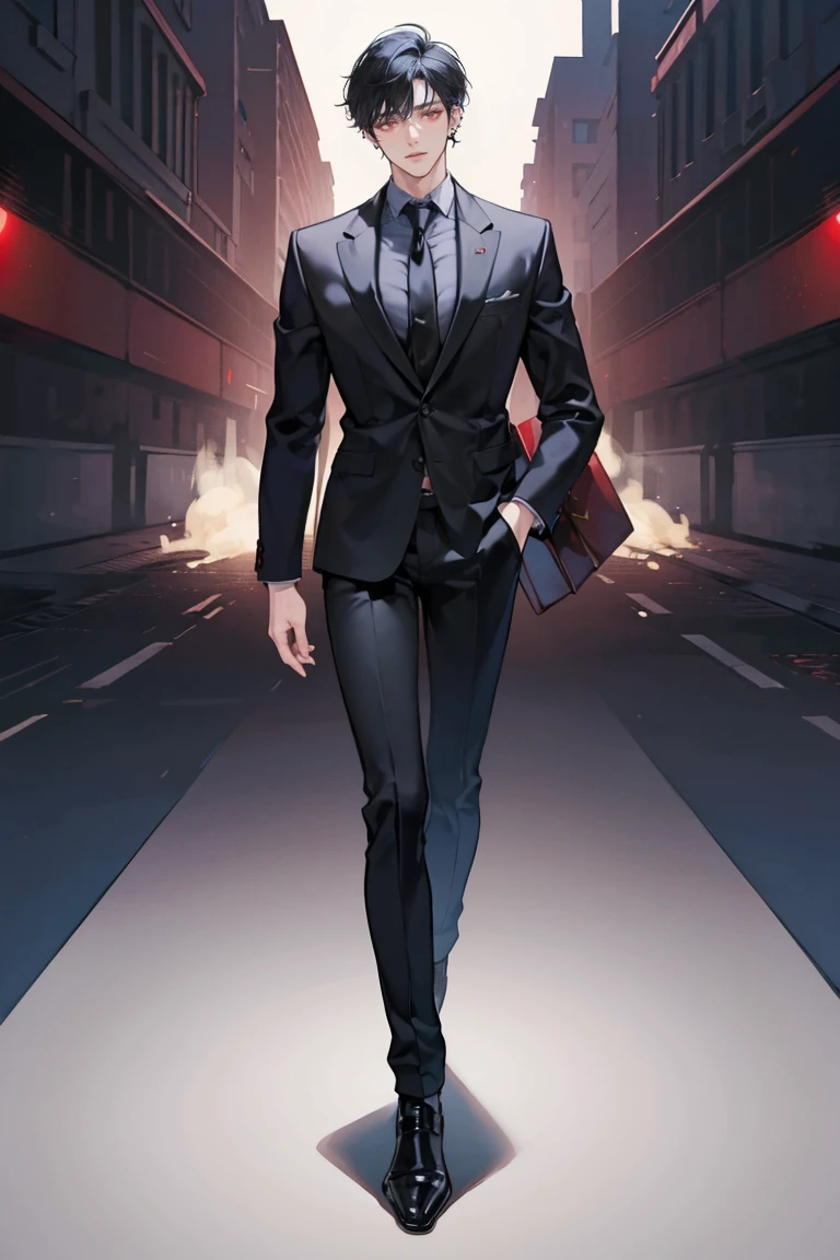 (masterpiece), best quality, seductive eyes, perfect face, handsome man, red eyes, short messy black hair, long nose, business suit, black necktie, black fitted pants, full body, extremely tall man, long legs, long calves, anime cover, 1boy, ear piercings, hands in pockets, adult-like look, the background is a company