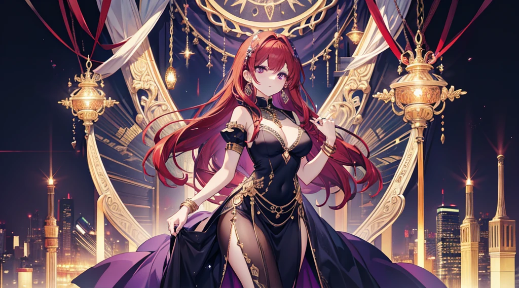 Highest quality, masterpiece, figure, wallpaper,One woman, Beautiful detailed woman, Highly detailed eyes and face, Beautiful attention to detail, Purple Eyes,,Bright Red Hair ,crisp finger, clear background, deep night、Big earrings、bracelet,28 years old,Are standing,Thighs,Large Breasts、Nipples、nude、sexual act,