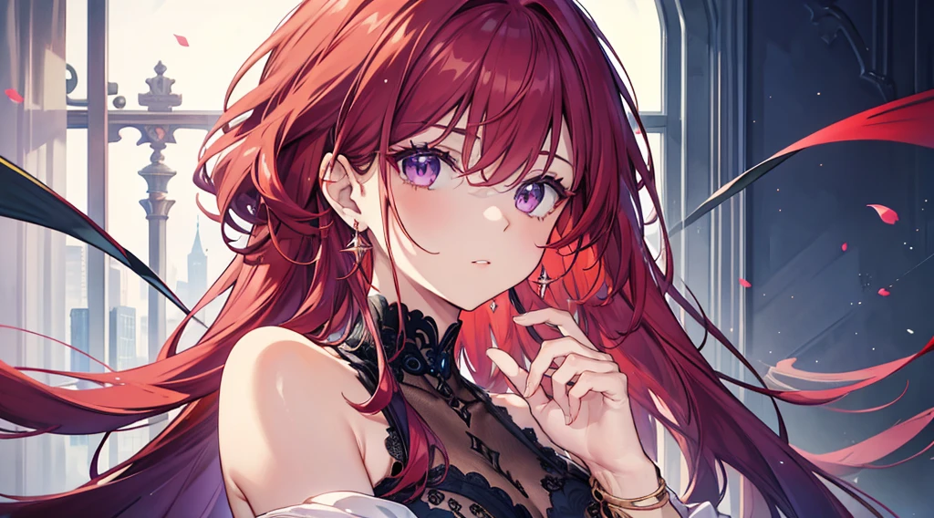 Highest quality, masterpiece, figure, wallpaper,One woman, Beautiful detailed woman, Highly detailed eyes and face, Beautiful attention to detail, Shine, View your viewers, Purple Eyes,,Bright Red Hair ,crisp finger, clear background, deep night、Big earrings、bracelet,28 years old,Are standing,Slim body,gun