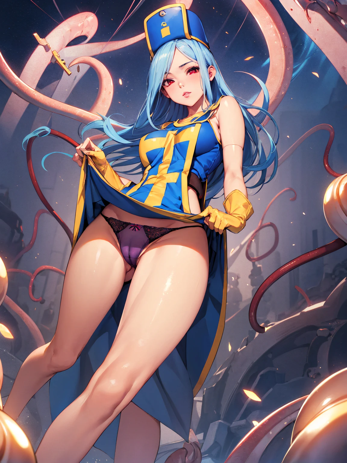 masterpiece,Highest quality, Unreal Engine, Super Resolution, Very detailed,
1 Girl, Waist, thin, (Muscular:0.8)
Round Breasts, Big Breasts, Bold, Part your lips, Observe the audience,
Are standing, sexy pose
Waist shot,Tentacles entangled in chest,Spread your legs,
, Key Visual,
Light blue hair, Red eyes, Long-haired monk \(dq3\)
,,Tabard Elbow Gloves((Spread your legs上げる:1.3)),(Cameltoe:1.5)、(Black string panties:1.2)