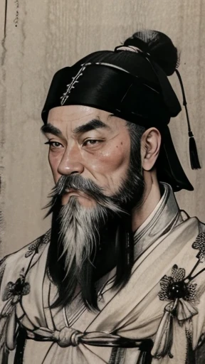 (((whole body))),((Monochrome)),(((Ink Painting))),Oriental、Men in ancient Chinese costumes、(ancient chinese hairstyle male)、As seen in the Romance of the Three Kingdoms々military commander、Highest quality、masterpiece、Ultra-high resolution、(Realistic:1.4)、Game Poster、Crisp and beautiful image quality、beard、Embroidered cloth wrapped around a topknot、whole body ,(Skin of color, ),(beard):1.2), (Very detailed, bloom:1.5), (Highest quality, Concept Art, 4K), (analog:1.2), (high sharpness), (Detailed pupil:1.1), Detailed face and eyes, masterpiece, Highest quality, (Very detailed photos:1.1), 8k, (Dynamic Short Hair), (PurerosFace_v1:0.2), [:(Detailed face:1.2):0.2], sharp, Shadow, 