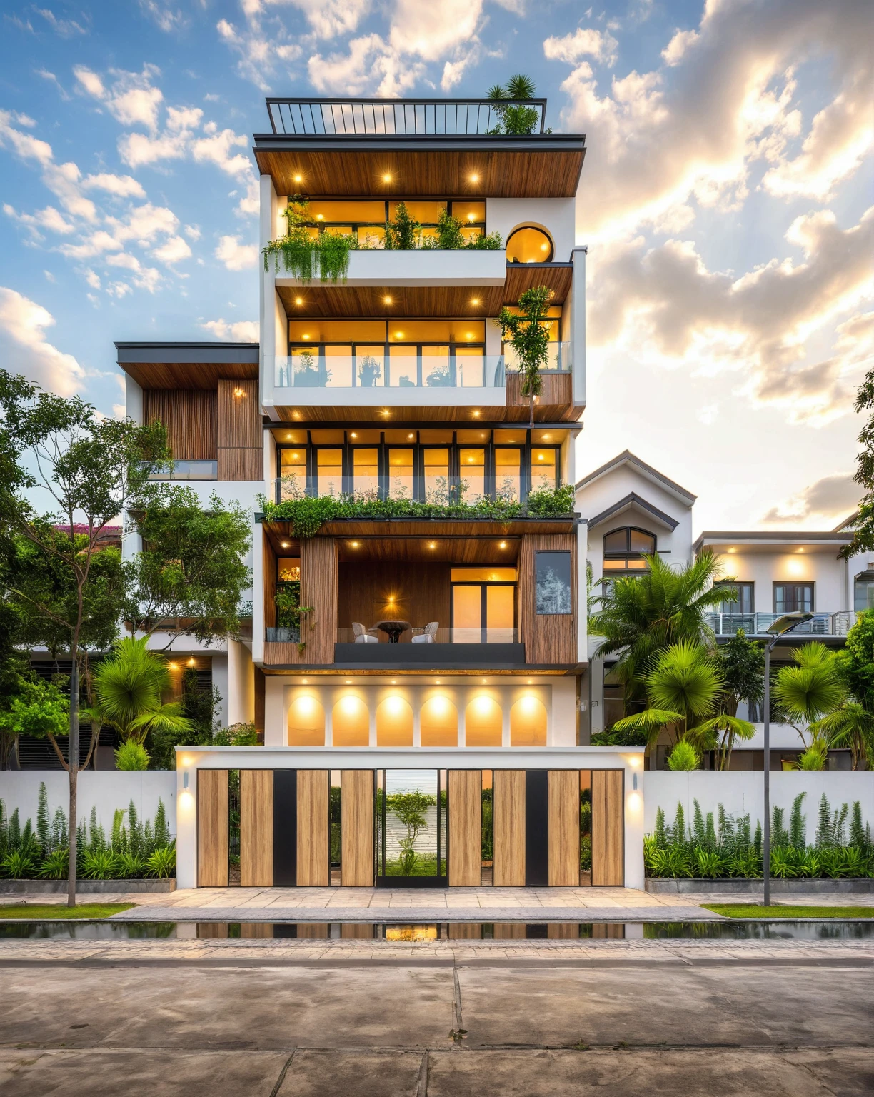 Masterpiece, high quality, best quality, authentic, super detail, outdoors, house style modern, bietthuhn, white wall, glass windows, gate road, pavement, grass, trees, Beautiful_sky, SUNSET, (day:1.1), realistic lighting