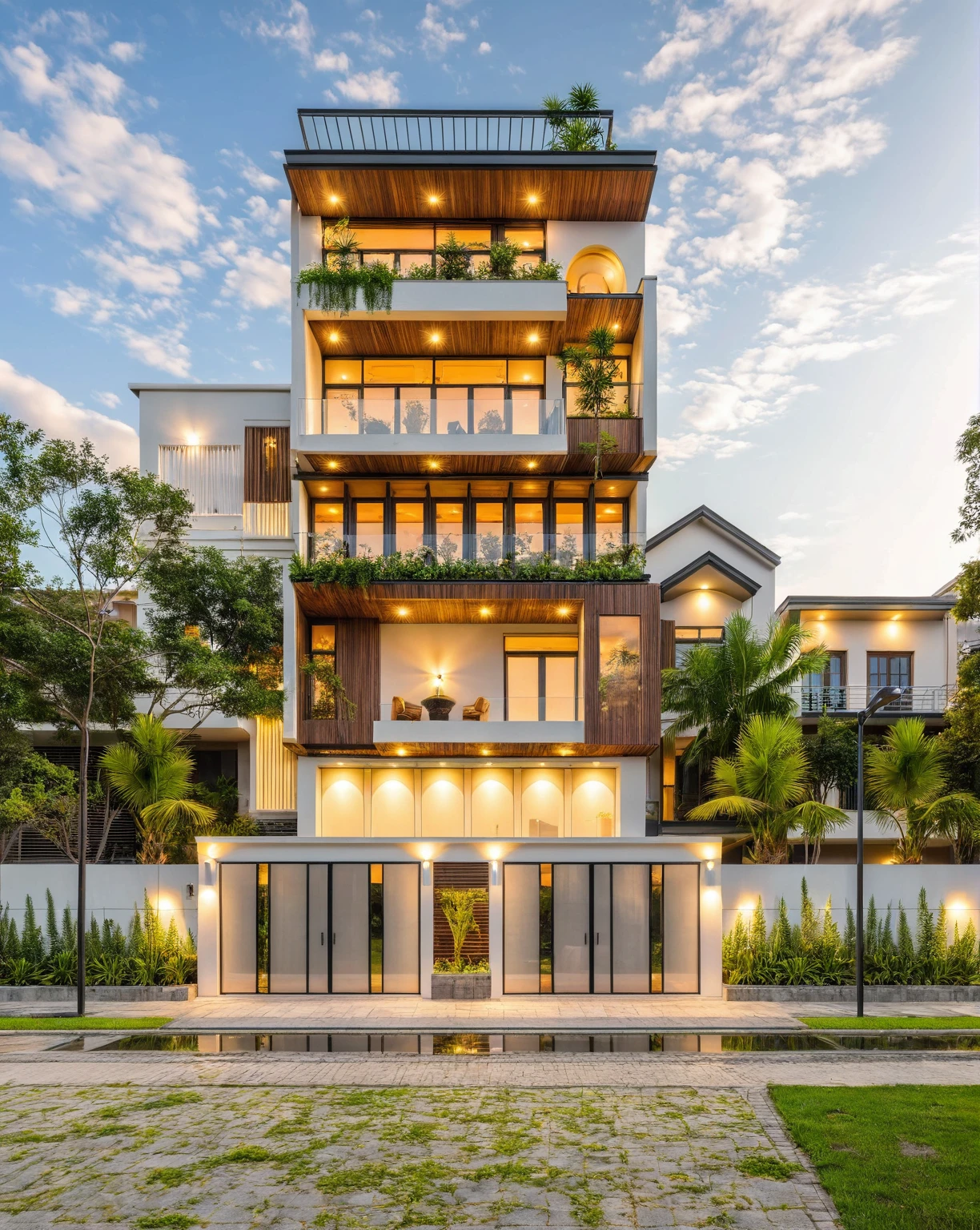Masterpiece, high quality, best quality, authentic, super detail, outdoors, house style modern, bietthuhn, white wall, glass windows, gate road, pavement, grass, trees, Beautiful_sky, SUNSET, (day:1.1), realistic lighting
