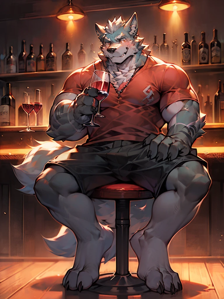 gray wolf orc,Sit in a bar chair,Very strong,Full body picture,front,Wear shorts,Private part thick,Holding a red wine glass in hand
