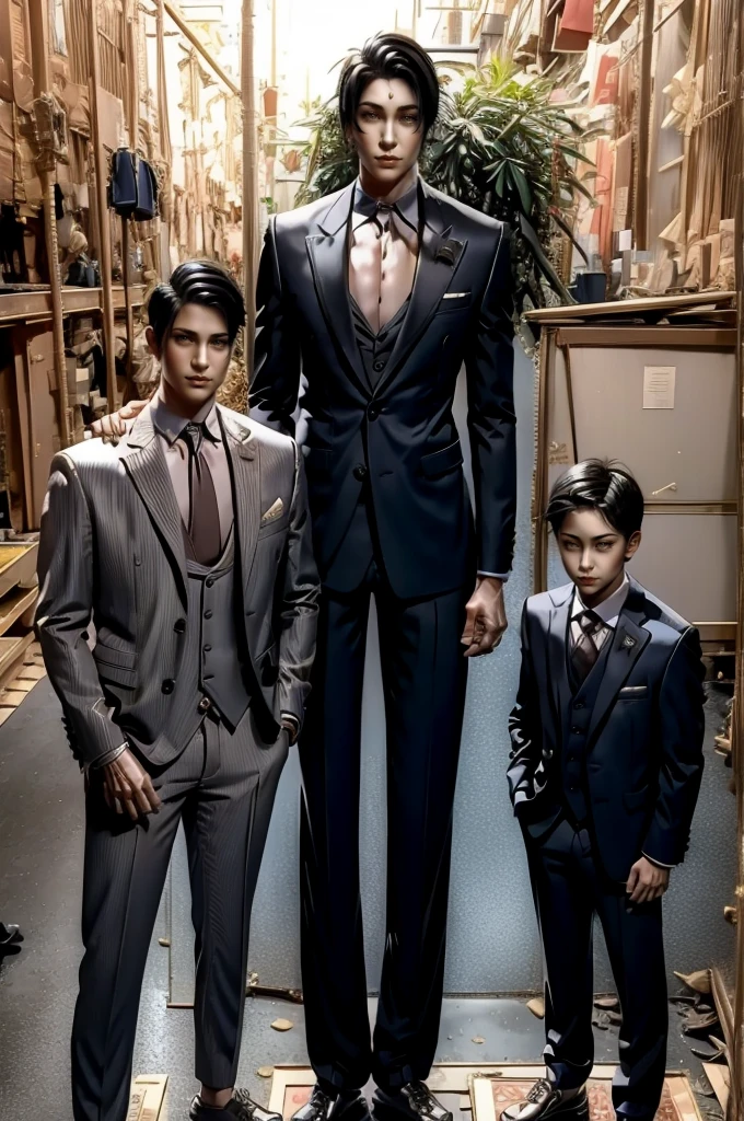 Tall wife in the middle, short husband in the left, short son in the right, beautiful faces, wife is wearing suit and pants, wife has big , wife is showing cleavage, wife is ripped, wife's suit has a belly button cutout, wife has ripped visible abs, make the girls even more taller than the boys, boys are very thin and weak, boys wearing suit and pants, wife is standing barefoot, boys are wearing office shoes