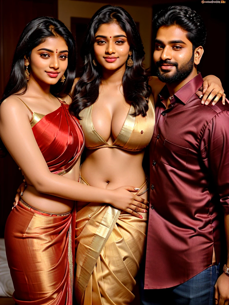 One South Indian 25 year old woman with big breast, big ass, perfect body, wearing a silky saree, hugging a group of two 30-year old man perfect body with buzz cut and beard, detailed.
