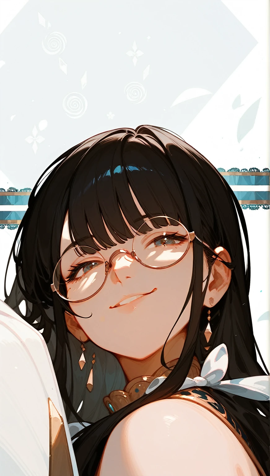 wallpaper, best quality, Very detailed, masterpiece, Extremely detailed, illustration,, Smirk, Bangs，齐Bangs,Long hair，Straight Hair，Black Hair，big sister，Mature，Round frame glasses