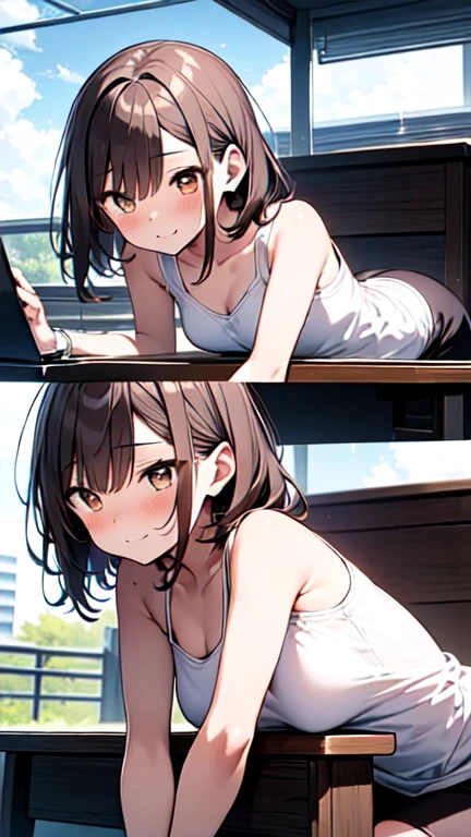 (((Let's think step by step))),Highest quality, masterpiece, Ultra-high resolution, 8k,Show anime style ,Soft Line Art, Digital Enhancement, shojo anime touch, shojo manga core, Flowing fabric, close, Soft Drawing, Ultra-Definition Digital Anime Art, Clear facial depiction, Super detailed girl cartoon character art, Ultra-detailed manga style, Highest qualityの色, (((1People Women))),(A woman with short brown hair),Beautiful brown hair, (((Clear brown eyes))), Slightly chubby,Small breasts,The butt is small,Outdoor,White summer clothes,Sunshine shining through the gaps in the clouds,Looking up at the sky,The sunshine hits my face,dazzling,Block the sunlight with your right hand,Bright expression,A kind smile,A composition that captures the whole body