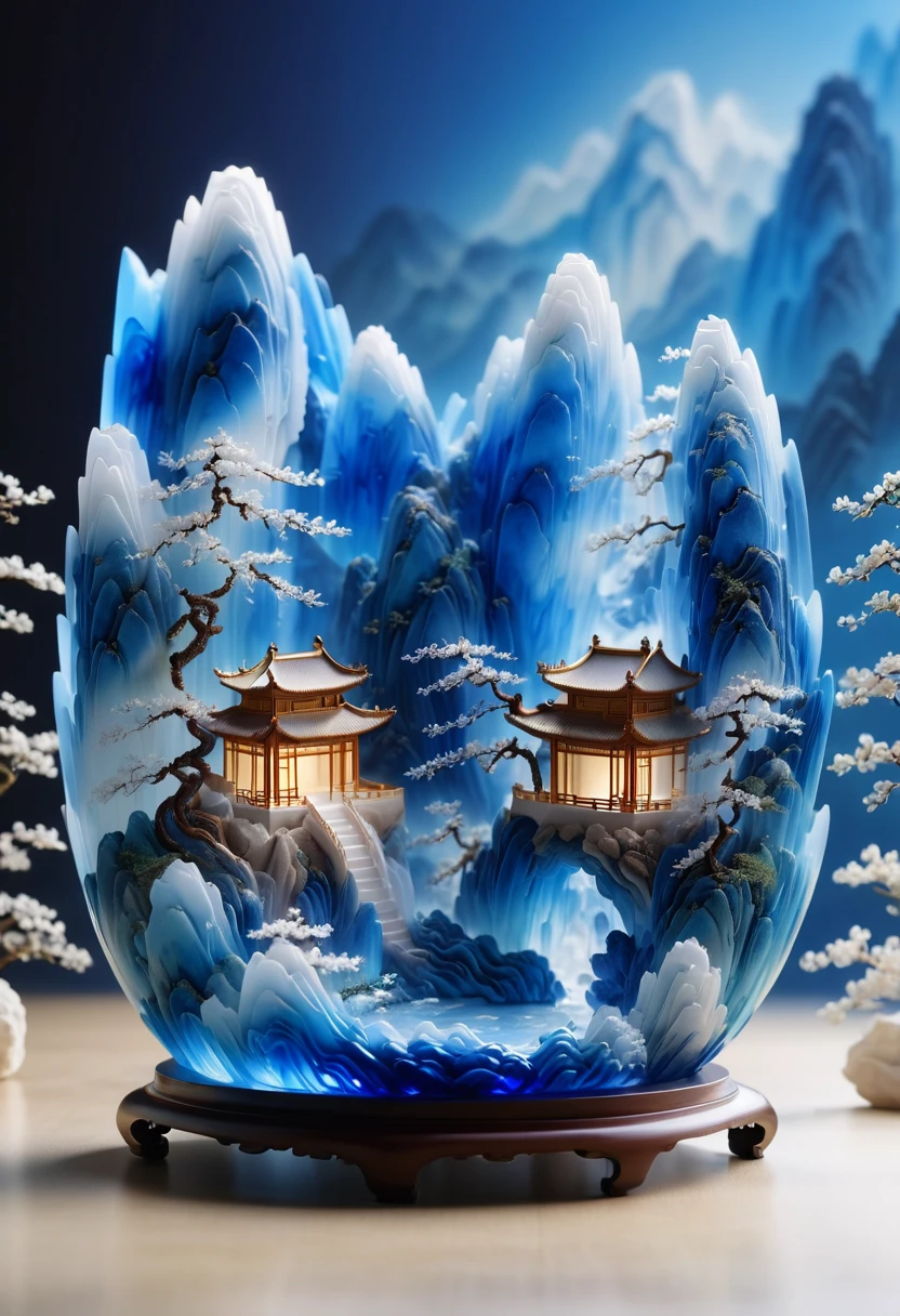 Micro landscape design carved from a piece of stone,Translucent glass material,Blue-white gradient,A big mountain,Traditional Chinese landscape painting,The Yin-Yang Bagua diagram blurred in the back,Abstract shapes,3d,Stone base