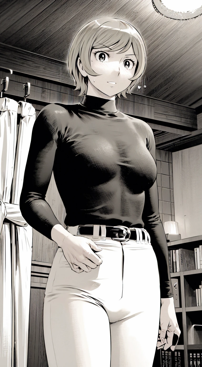 、(masterpiece、Highest quality)、Highest quality, Ultra-high resolution, (((masterpiece))), alone, Sweat、Big eyes,Tight black shirt、Tight white pants、belt、indoor、Composition from the front、(Cut the back hair short、short hair、blonde、woman)、Shortcuts、Embarrassed face、Cut your hair short、可愛いwomanの子、Big Breasts、Inside the room、Full Color、Baseball uniform