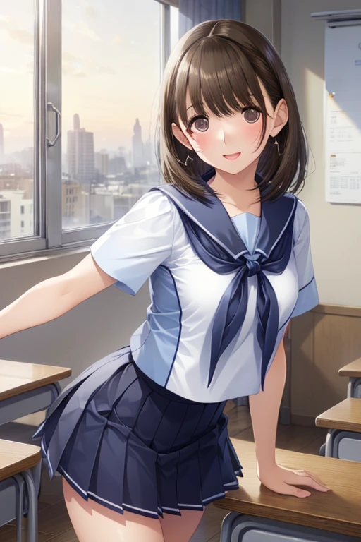 anegasaki nene、Shiny brown hair, short hair, (Beautiful brown eyes、Sparkling eyes, Fine grain)、smile、Ultra-detailed eyes、Highly detailed face, Highly detailed eyes,

Short-sleeved white sailor suit、Navy blue mini pleated skirt、Very short mini skirt、あらわなThighasterpiece ,Highest quality , High resolution , (One Girl Solo:1.38) ,, (Mid-chest:1.28) , ( Wearing a mini skirt ) ,
, (Face view , Front view , from the front , View ) , (indoor , In the classroom , Windows , table , Dust , sunset) , (Put your arms behind your back , Put your hands behind your back) , (Are standing , Thighs ) , ( smile , Open your mouth , Blush all over face , shy )