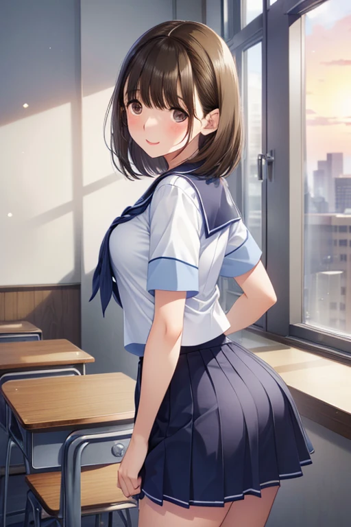 anegasaki nene、Shiny brown hair, short hair, (Beautiful brown eyes、Sparkling eyes, Fine grain)、smile、Ultra-detailed eyes、Highly detailed face, Highly detailed eyes,

Short-sleeved white sailor suit、Navy blue mini pleated skirt、Very short mini skirt、あらわなThighasterpiece ,Highest quality , High resolution , (One Girl Solo:1.38) ,, (Mid-chest:1.28) , ( Wearing a mini skirt ) ,
, (Face view , Front view , from the front , View ) , (indoor , In the classroom , Windows , table , Dust , sunset) , (Put your arms behind your back , Put your hands behind your back) , (Are standing , Thighs ) , ( smile , Open your mouth , Blush all over face , shy )