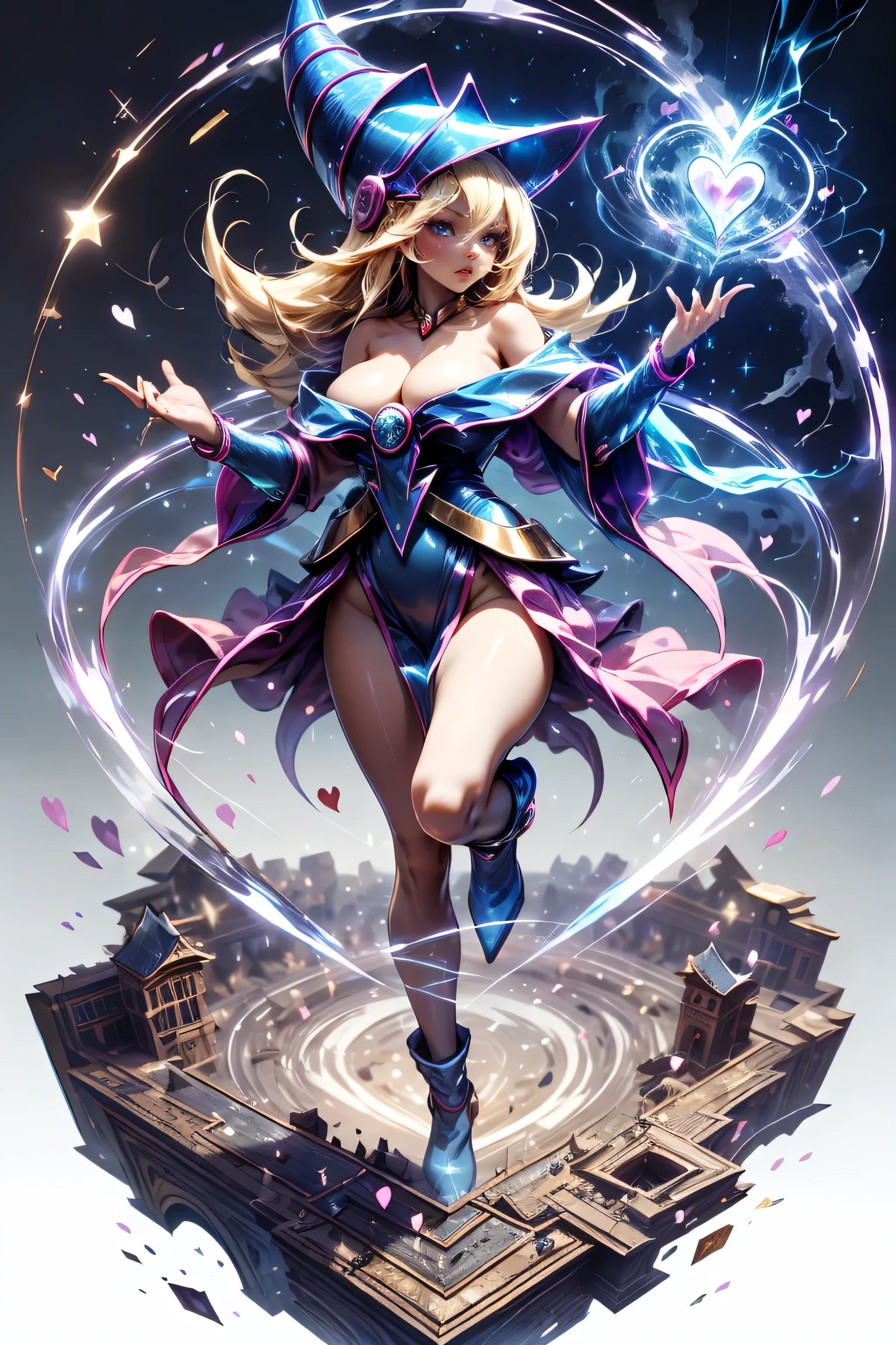 (masterpiece:1.2), (The best quality:1.2), perfect lighting, Dark Magician Girl casting a spell, floating in the air, big tits, neckline, magic background. Transparent hearts in the air, blue robe, big hat, from above, sparkles, Yugioh Card in the background