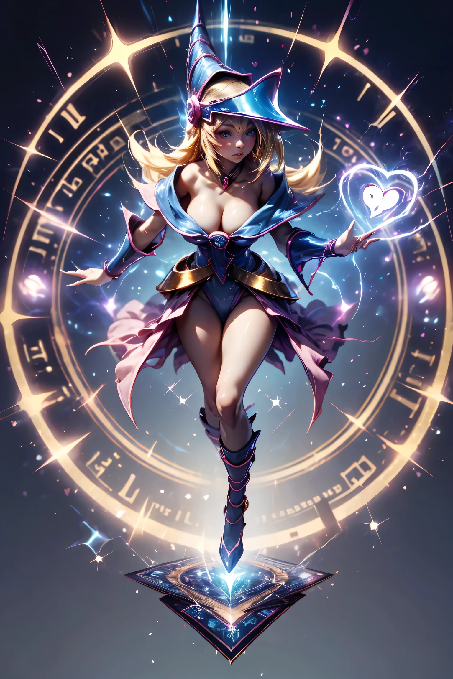 (masterpiece:1.2), (The best quality:1.2), perfect lighting, Dark Magician Girl casting a spell, floating in the air, big tits, neckline, magic background. Transparent hearts in the air, blue robe, big hat, from above, sparkles, Yugioh Card in the background