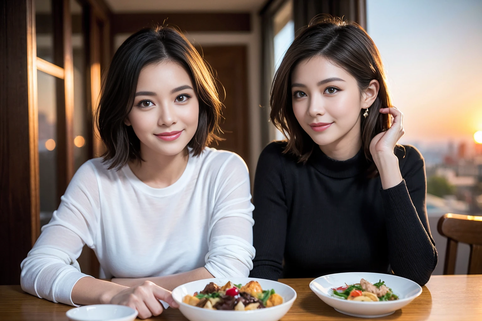 (Realistic:1.2),(masterpiece,Highest quality),8k,((2人のwoman)),40 years old,37 years old、最高のsmile、Happy Couple, Full course dinner at the table、Wine Party、wine glass、White wine、sparkling wine、red wine、Upper Body、Tight waist,Perfect Anatomy, Brown Hair, short hair,Random Hairstyles,Amazing view of the sunset sky and clouds、Long sleeve shirt、dress,((Highly detailed face and eyes:1.2))(Cute Face:1.4),Beautiful actress face,Perfect golden ratio face,woman'suit、Nice,(smile:1.2)、
