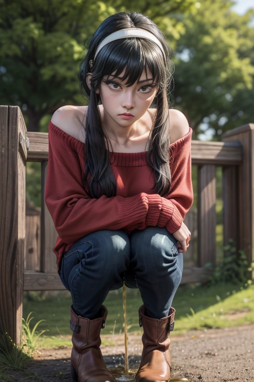 (masterpiece, best quality), high resolution, intricate details, extremely detailed, solo, 1girl, full body, (yor, black hair, short hair with long locks, bangs, sidelocks, white hairband, red eyes, off-shoulder sweater, red sweater, long sleeve, pantyhose, short boots, collarbone), detailed face, detailed eyes, (ashamed, blush), (squatting with spread legs apart, leaning forward, hands between legs:1.2), (peeing self:1.4), (pee puddle), outdoors,,