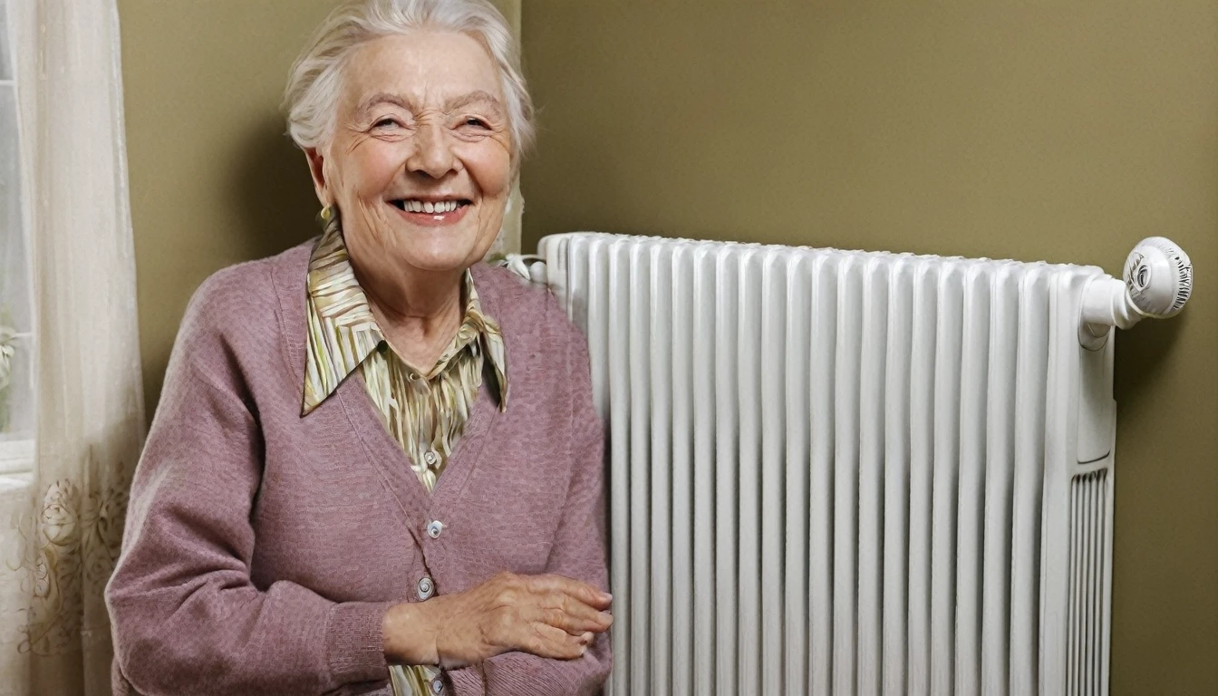 An elderly person，in living room，Hand touching the radiator，Facing the camera，Smile
