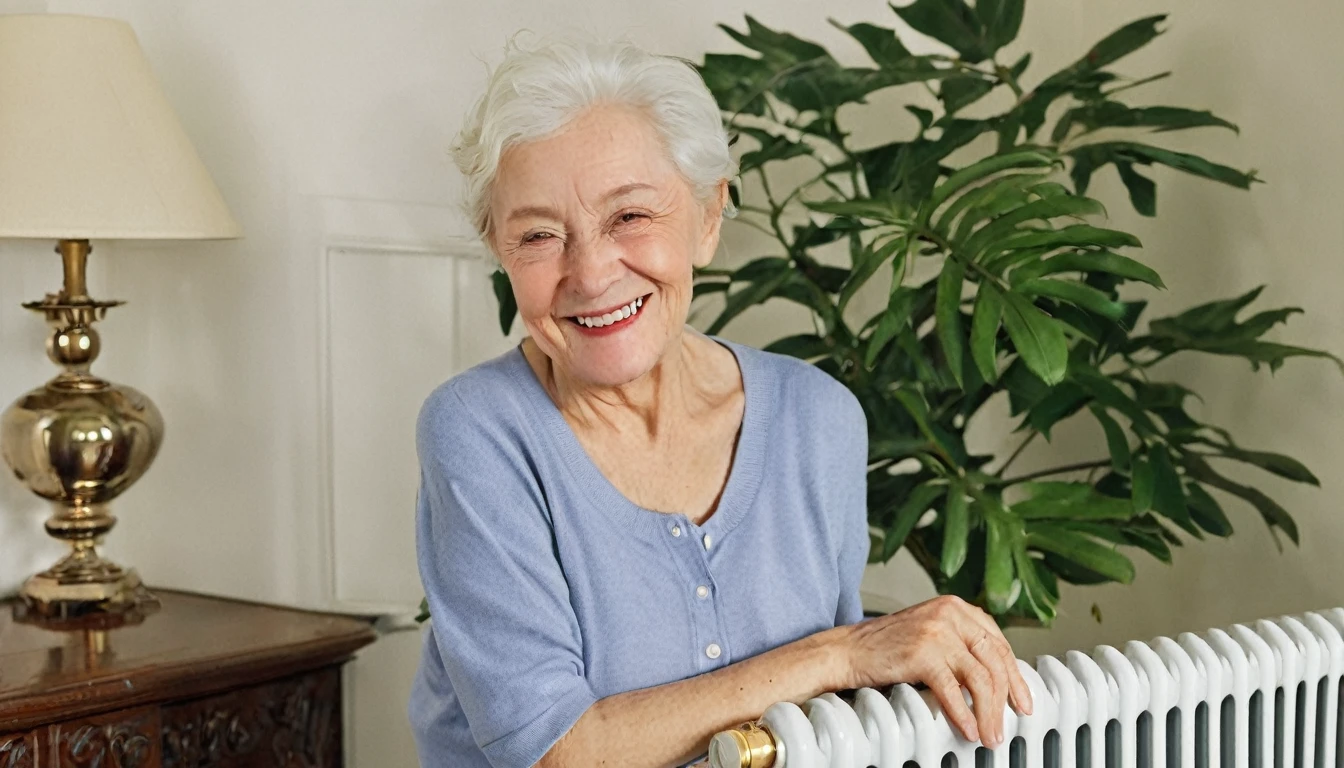 An elderly person,in living room,Hand touching the radiator,Facing the camera,Smile