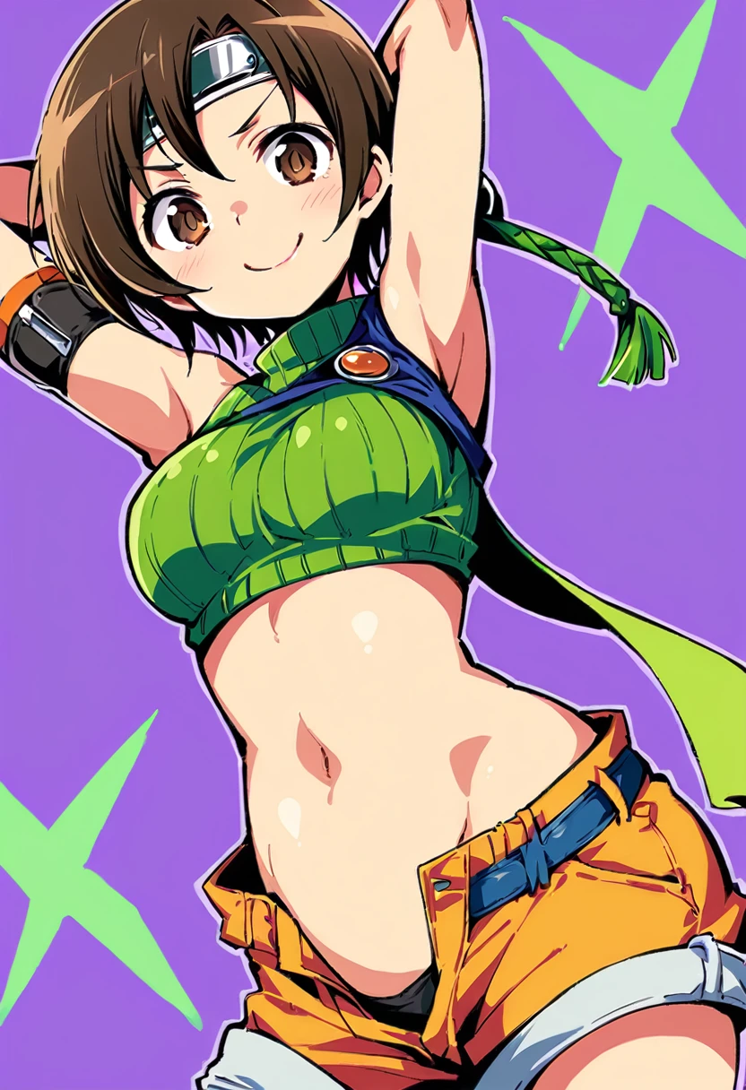 score_9, score_8_up, score_7_up,,BREAK , from below,navel below view.,mediumshot,(arms up,arms behind head,arms in hair),looking_at_viewer,soro focus,1girl, yuffie kisaragi, final fantasy, short hair,headband,navel,sleeveless,turtleneck,brown eyes,sleeveless turtleneck,solo,breasts,looking at viewer,smile,gloves,crop top,brown hair,shorts,midriff,,sweater,open fly,armor,fingerless gloves,ribbed sweater,medium breasts,,smile,smug,best quality,aesthetic,very aesthetic,masterpiece,(high-resolution), Line drawing