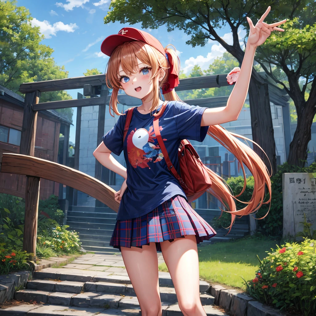 Red-blonde、blue hair、blue eyeraid、ponytail、one good looking girl、solo、anime、Plaid miniskirt、black t-shirt、camisole、forest、walking、Wearing a plaid baseball cap、Tilting your face、Doing the ribbon、sunset sky、stone bridge、stone stairs、petal、A small bird flying、big tree、tunnel、squirt、Bang、stretching one's back