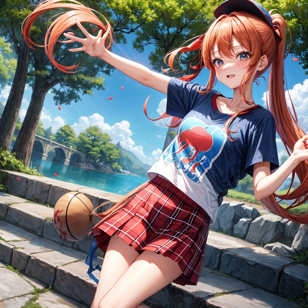 Red-blonde、blue hair、blue eyeraid、ponytail、one good looking girl、solo、anime、Plaid miniskirt、black t-shirt、camisole、forest、walking、Wearing a plaid baseball cap、Tilting your face、Doing the ribbon、sunset sky、stone bridge、stone stairs、petal、A small bird flying、big tree、tunnel、squirt、Bang、stretching one's back