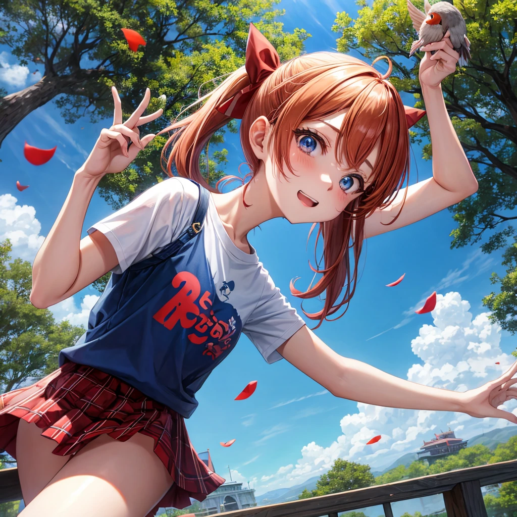 Red-blonde、blue hair、blue eyeraid、ponytail、one good looking girl、solo、anime、Plaid miniskirt、black t-shirt、camisole、forest、walking、Wearing a plaid baseball cap、Tilting your face、Doing the ribbon、sunset sky、stone bridge、stone stairs、petal、A small bird flying、big tree、tunnel、squirt、Bang、stretching one's back