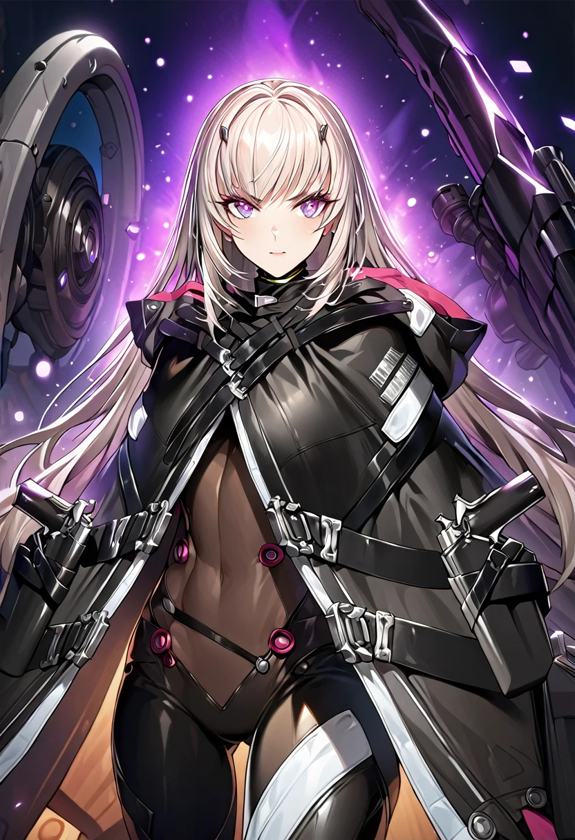 absurdres, by famous artist, exquisite, (((cowboy shot))), hood, jacket, body suit, black clothes, black wear, weapon,(((purple eyes))), masterpiece, super fine illustration, ultra high res, masterwork, best quality, cg unity 8k wallpaper, official art, ultra detailed, finely quality eyes, (((accurate face parts))), (((perfect face, perfect eyes))), ultra detailed beautiful face, ultra detailed beautiful eyes, (((clear eyes, light eyes))), (((even eyes, symmetrical eyes))), (((breasts))), gleaming skin, oil skin, shiny skin, (((black pantyhose, black tights))), beautiful and aesthetic, High quality, extremely detailed, extremely detailed cg unity 8k wallpaper, super detailed skin, hdr, highers, extremely detailed beautiful face, 16k, finely detail, Amazing, top quality, distinct image, vibrant details, professional art, finely detailed face, a face of perfect proportion, high detailed face, beautiful, extremely detailed beautiful girl, ultra detailed beautiful girls, absolutely resolution, illustration, increase cinematic lighting quality, exquisite detail, hyper detailed, high detail, (((shiny eyes))), (((beautiful eyes))), (((detailed eyes))), (((beautiful face))), (((detailed face))), 1girl, solo, Smooth and Flawless Skin, Well-Defined Facial Features, Perfectly Proportioned Face, Fine Details Texture, (((Graceful and Symmetrical Features))), Radiant and Healthy Glow, Expressive and Captivating Eyes, long shot, wide shot,