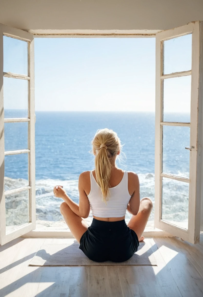 Create an image of a person with long blonde hair tied back, sitting on the floor inside a room. The individual is wearing a white sleeveless top and black shorts. The pose is relaxed with arms extended outwards resting on the window sill of a large open window. The scene outside the window features a serene seascape with rocky cliffs and calm blue waters under a clear sky. The lighting is natural, suggesting daytime with soft light illuminating the room and casting gentle shadows. The camera angle is from behind the person, slightly above head level, looking outward towards the sea through the window.