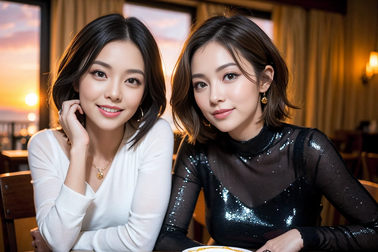 （Realistic:1.2）,(masterpiece,Highest quality)，8k,((2人のwoman)),Age 35,37 years old、最高のsmile、Happy Couple, Full course dinner at the table、Wine Party、wine glass、White wine、sparkling wine、red wine、Upper Body、Tight waist,Perfect ???????, Brown Hair, short hair,Random Hairstyles,Amazing view of the sunset sky and clouds、Long sleeve shirt、dress,((Highly detailed face and eyes:1.2))(Cute Face:1.4)，Beautiful actress face，Perfect golden ratio face，woman&#39;suit、Nice,(smile:1.2)、