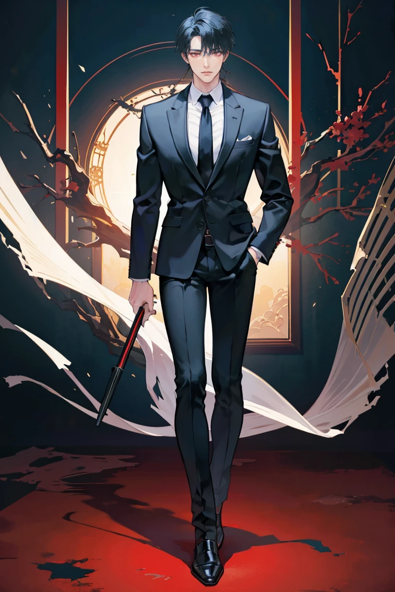 (masterpiece), best quality, seductive eyes, perfect face, handsome man, red eyes, short messy black hair, long nose, business suit, black necktie, black fitted pants, full body, extremely tall man, long legs, long calves, anime cover, 1boy, ear piercings, hands in pockets, adult-like look, the background is a company
