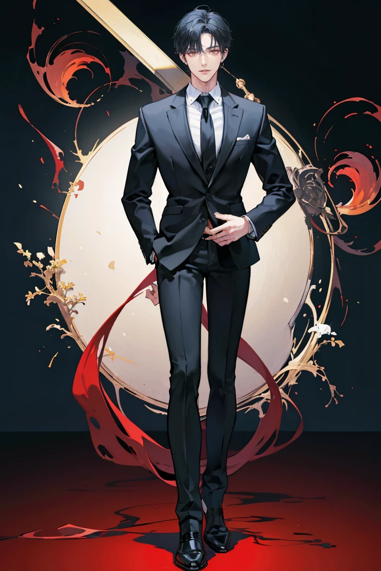 (masterpiece), best quality, seductive eyes, perfect face, handsome man, red eyes, short messy black hair, long nose, business suit, black necktie, black fitted pants, full body, extremely tall man, long legs, long calves, anime cover, 1boy, ear piercings, hands in pockets, adult-like look, the background is a company
