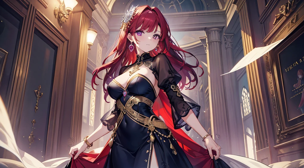 Highest quality, masterpiece, figure, wallpaper,One woman, Beautiful detailed woman, Highly detailed eyes and face, Beautiful attention to detail, Shine, View your viewers, Purple Eyes,,Bright Red Hair ,crisp finger, clear background, deep night、Big earrings、bracelet,28 years old,Are standing,Slim body,gun