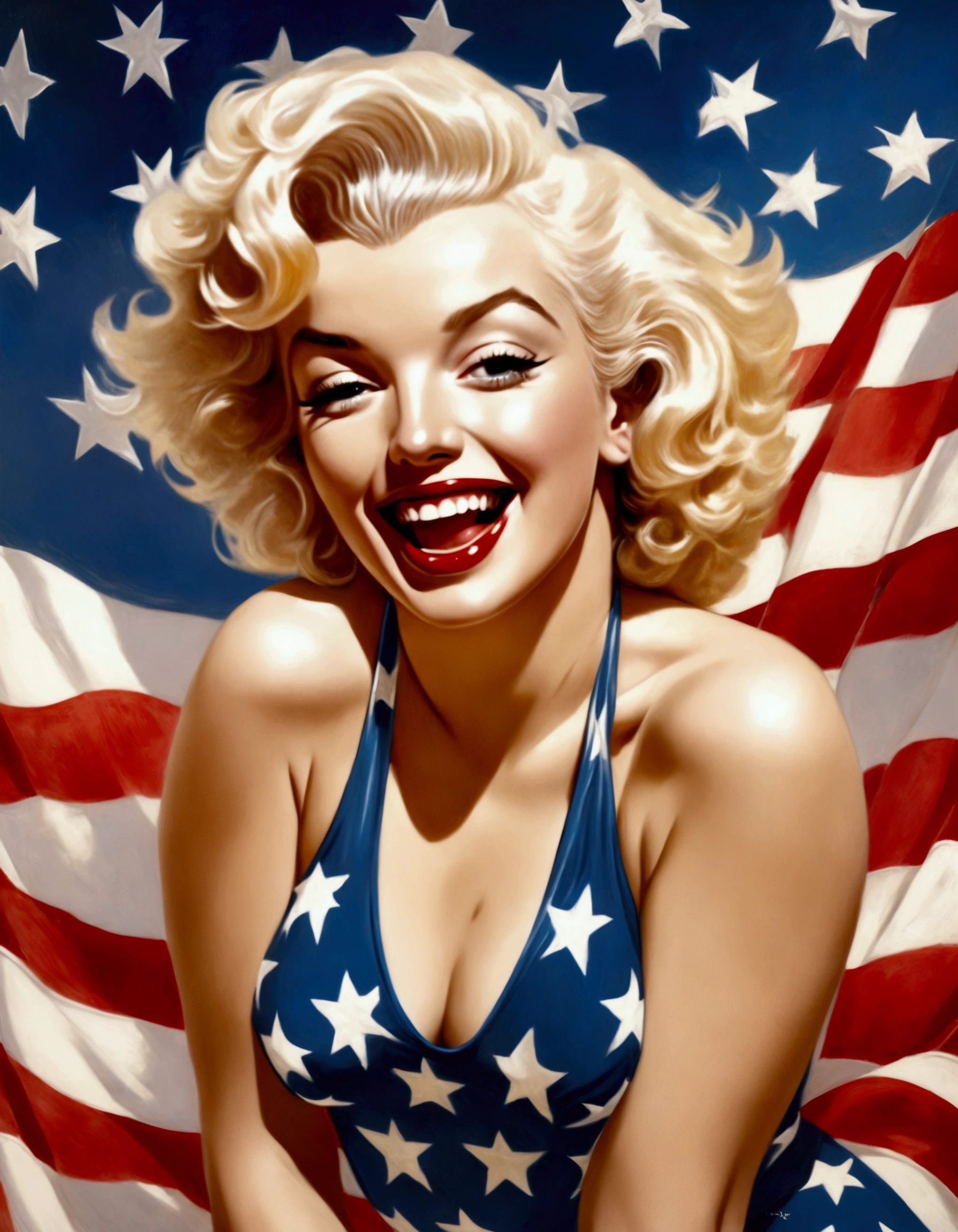 Marilyn Monroe, age 25, 50s style swimsuit american flag motif, waving a small american flag, American flag in background, sultry joyous pose
