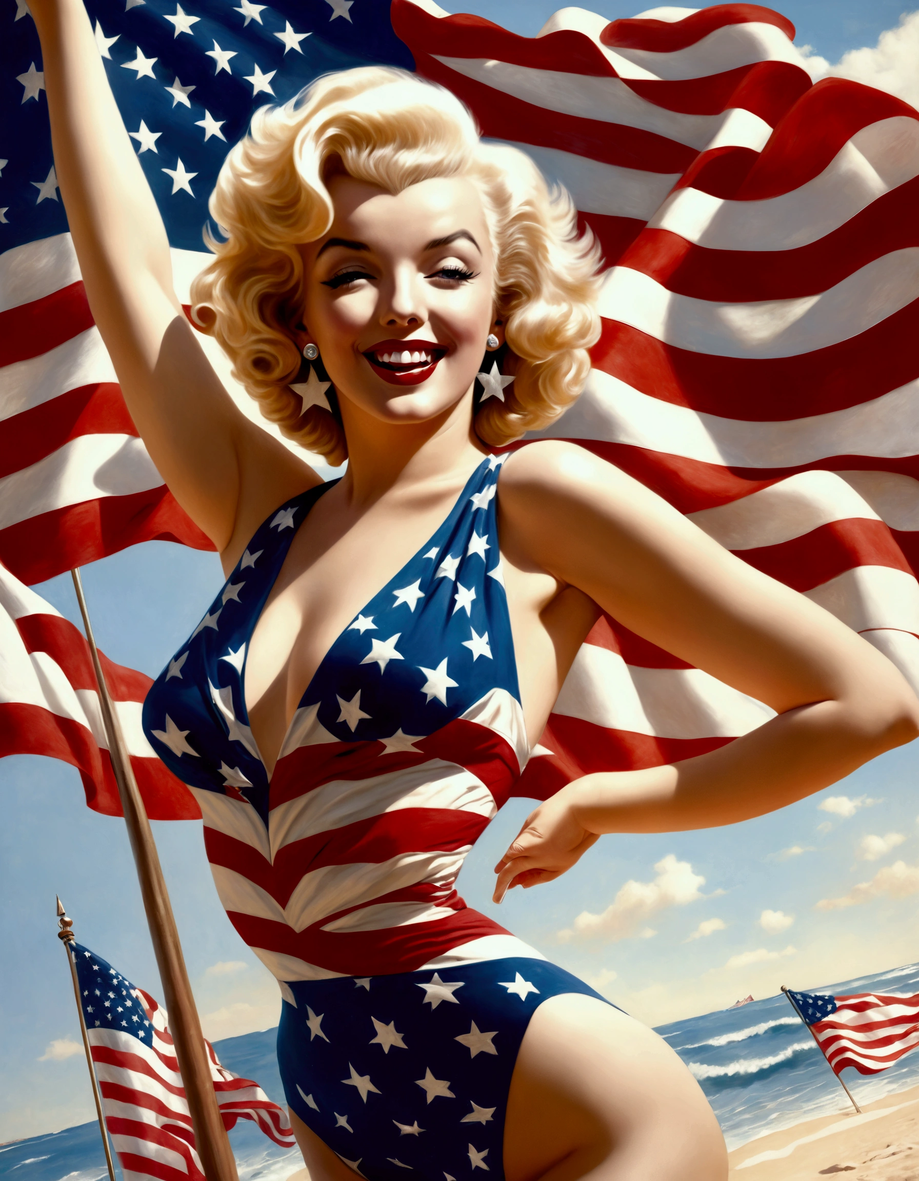 Marilyn Monroe, age 25, 50s style swimsuit american flag motif, waving a small american flag, American flag in background, sultry joyous pose
